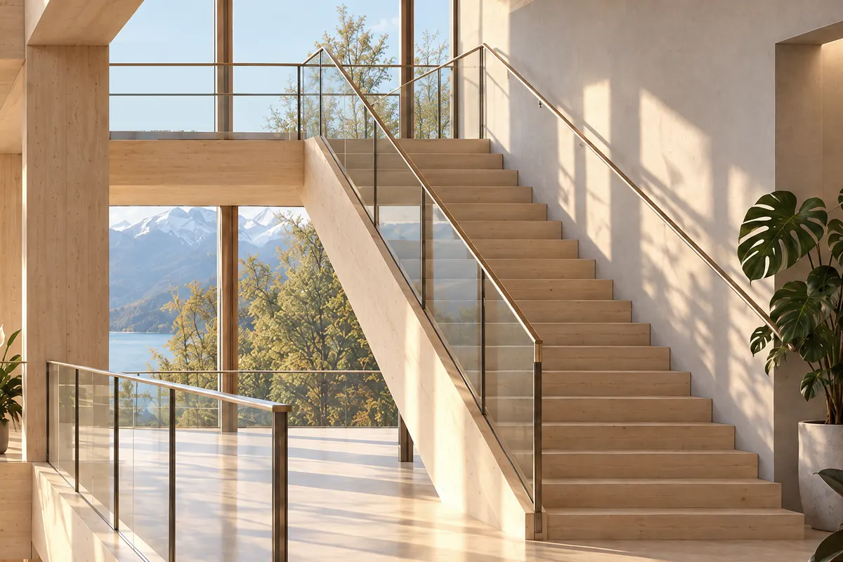 Eine gerade Holztreppe führt im warmen Abendlicht hinauf zur nächsten Ebene, durch die Fenster der Blick auf See und Berge